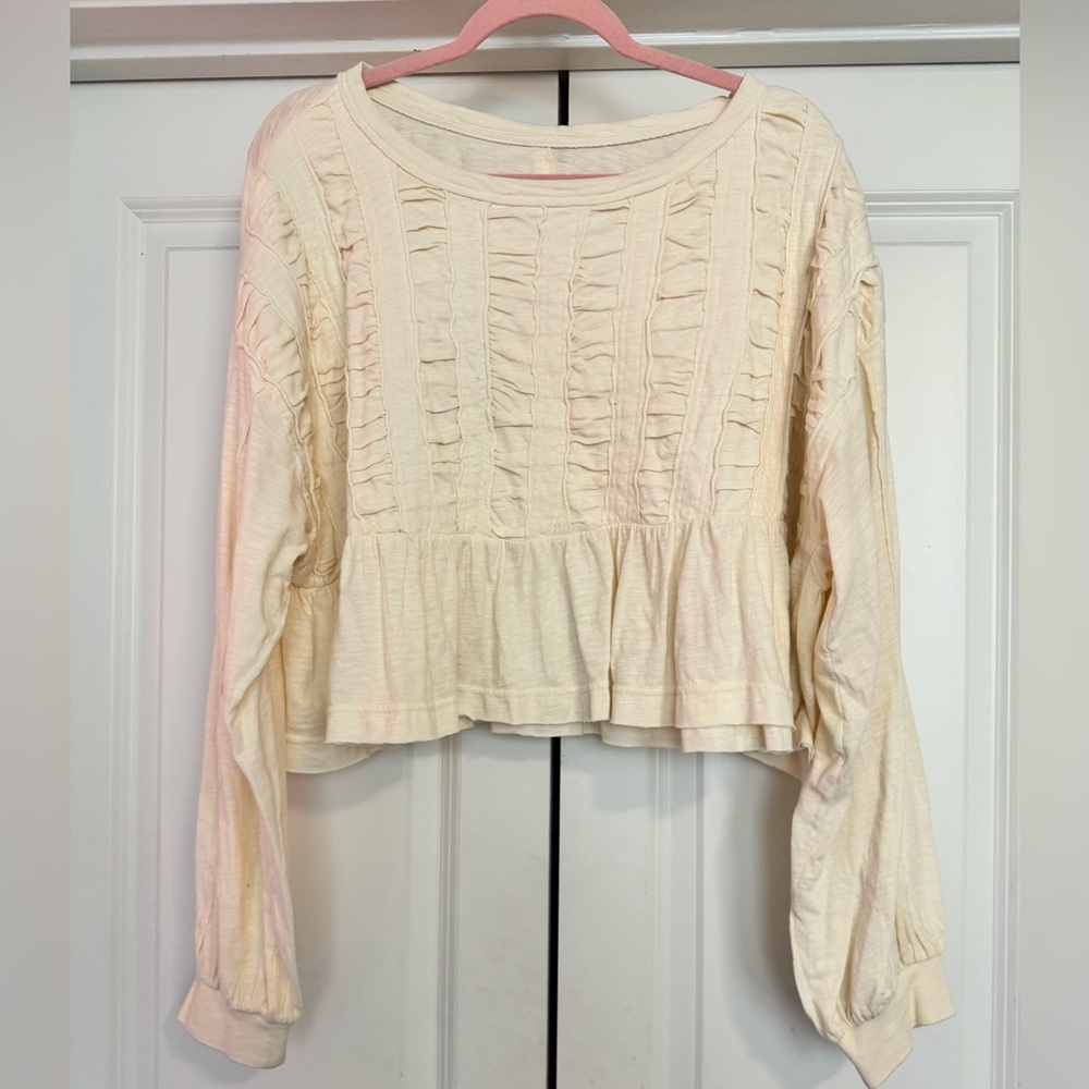 Pilcro Anthropologie Cream Ruched Peplum Blouse